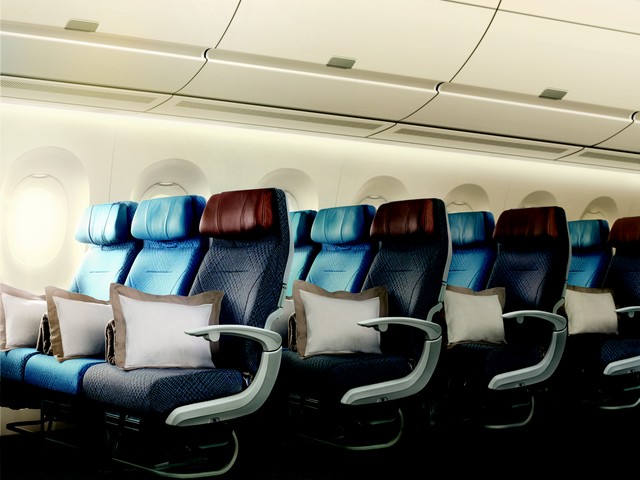 Die Singapore Airlines Economy Class Kabine an Bord des Airbus A 350
