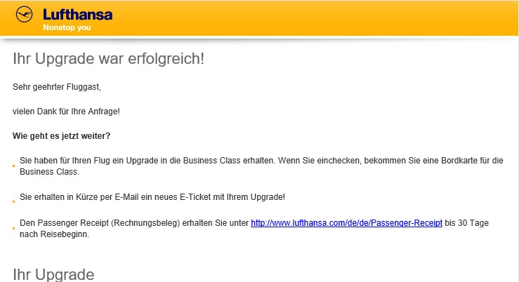 Business Class zum Schnäppchenpreis - Annahme Gebot bei Lufthansa