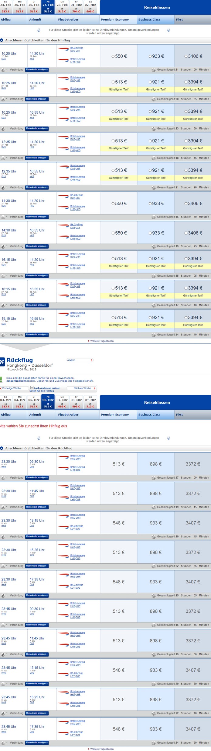 Abflug im Inland / British Airways DUS-HKG