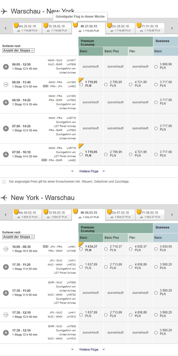 Abflug im Ausland / Lufthansa WAW-NYC