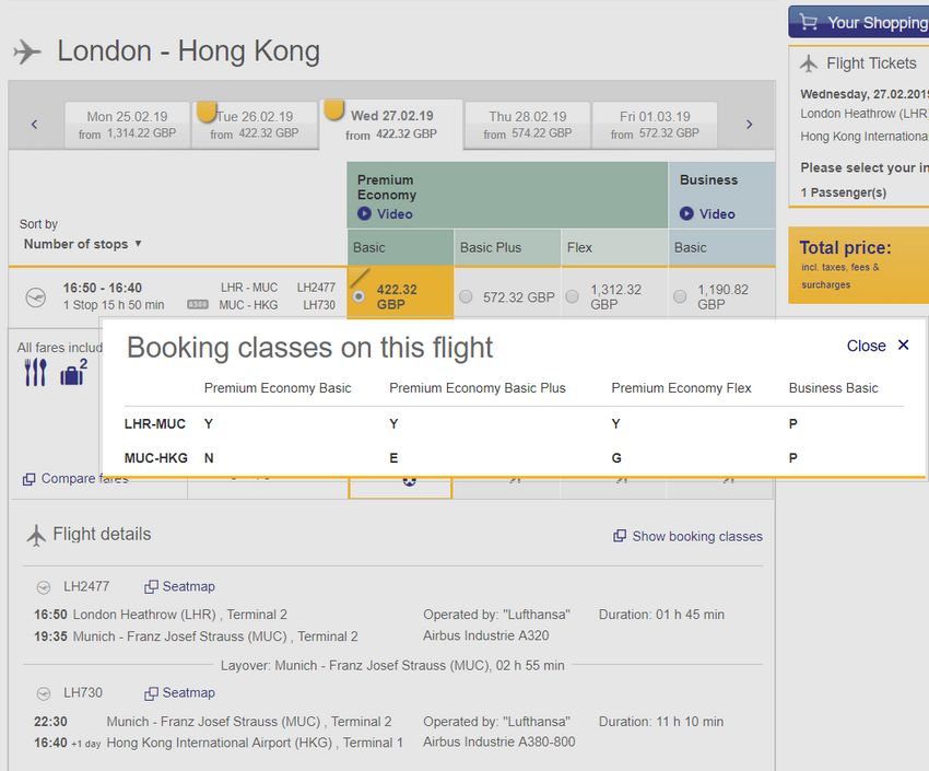 Buchungsklassen Premium Economy London - Hong Kong