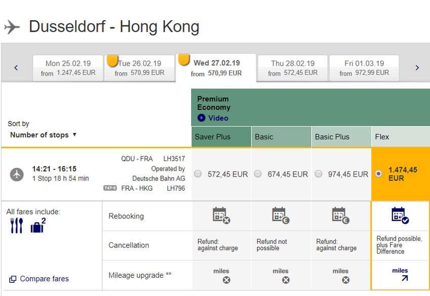 Tarife Premium Economy Düsseldorf - Hong Kong