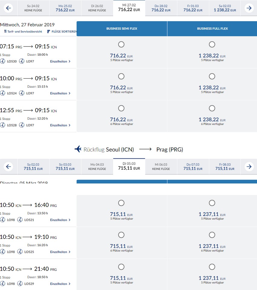 Business Class Flüge mit LOT nach Seoul