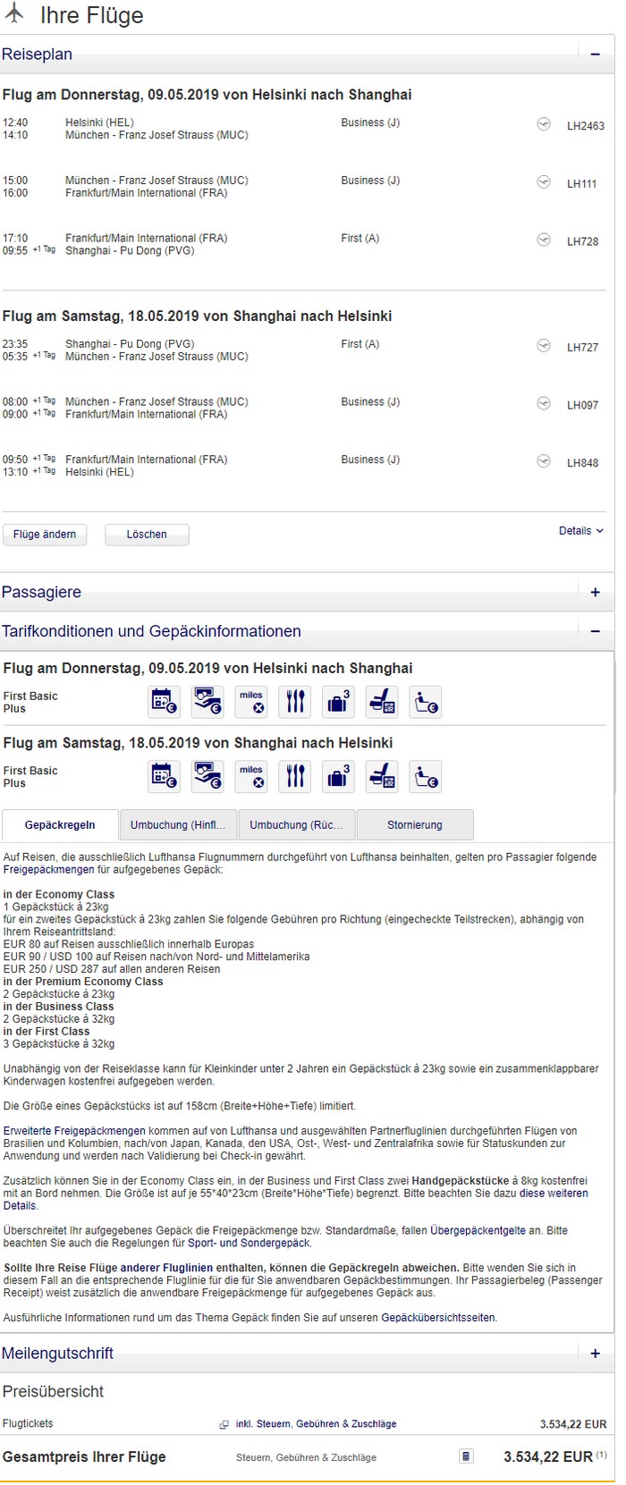 Preisbeispiel First Class Helsinki - Shanghai