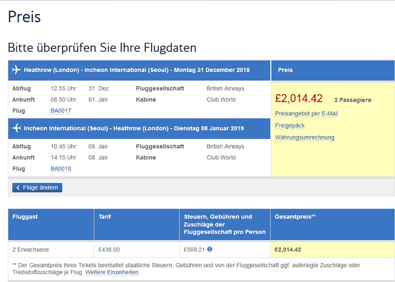 Preisbeispiel für zwei BA Business Class Tickets für 2018 GBP ab London