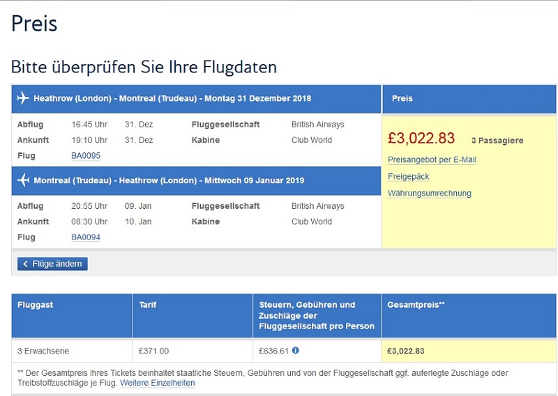 Preisbeispiel für zwei BA Business Class Tickets für 2018 GBP ab London