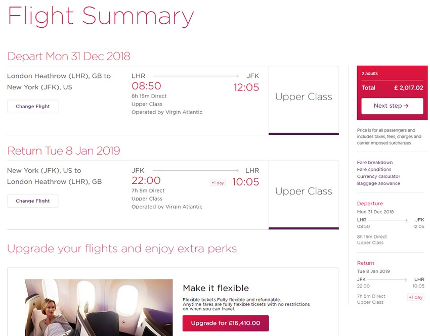 Preisbeispiel für zwei Virgin Upper Class Ticket für 2018 GBP ab London