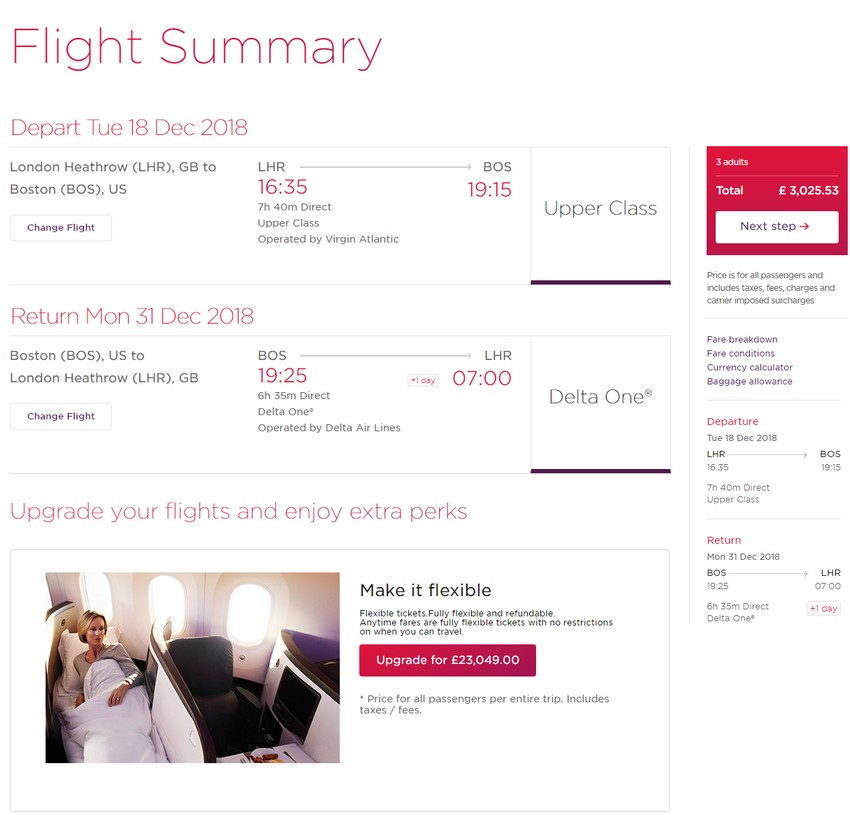 Preisbeispiel für zwei Virgin Upper Class Ticket für 2018 GBP ab London