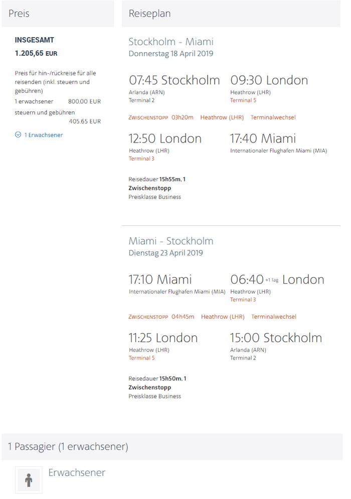 Mit American Airlines günstig in der Business-Class von Stockholm nach Miami Stockholm - Miami