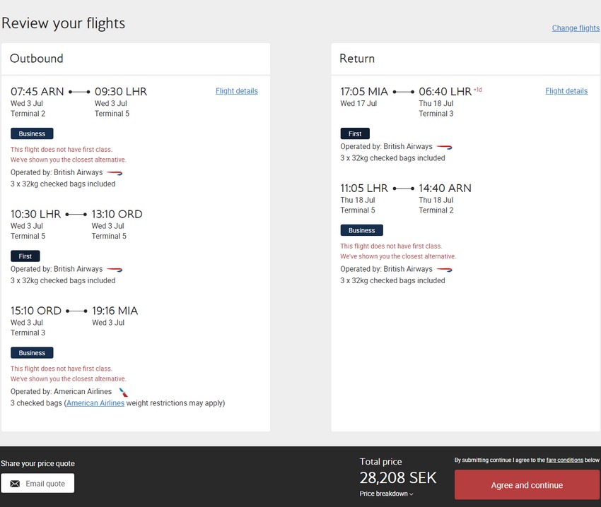 Mit British Airways günstig in der First-Class von Stockholm in die USA (hier Las Miami)