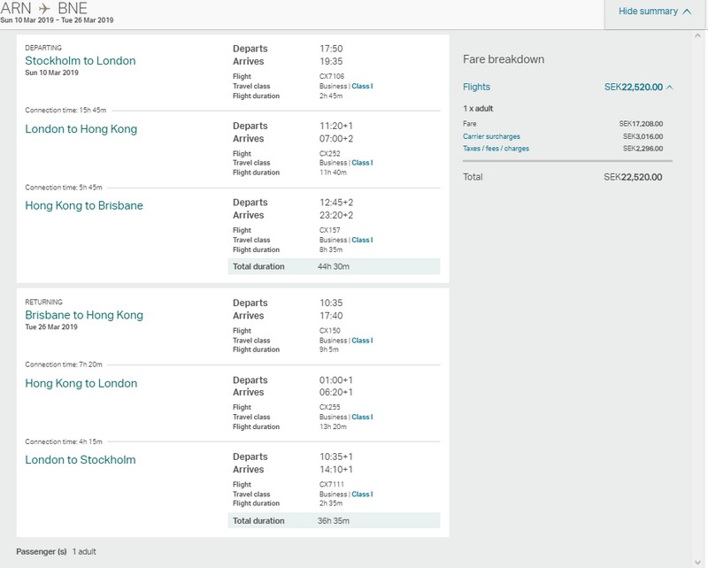 Preisbeispiel Stockholm - Brisbane mit Cathay Pacific