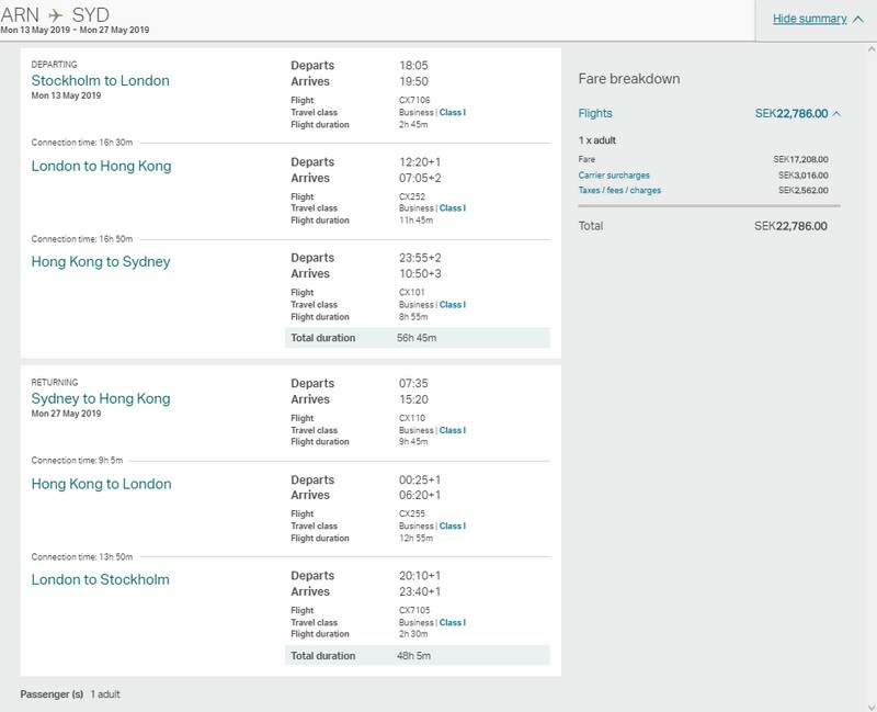 Preisbeispiel Stockholm- Sydney mit Cathay Pacific