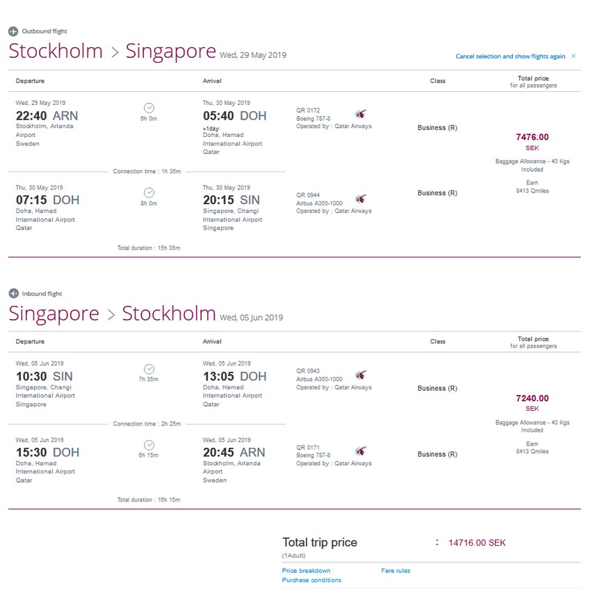 Preisbeispiel Stockholm - Singapore mit Qatar Airways