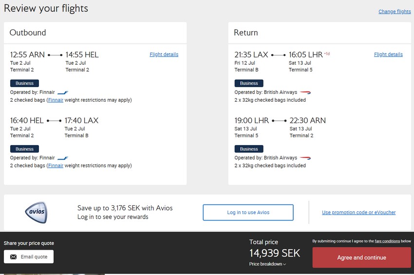 Preisbeispiel für oneworld Business-Class von Stockholm nach Los Angeles