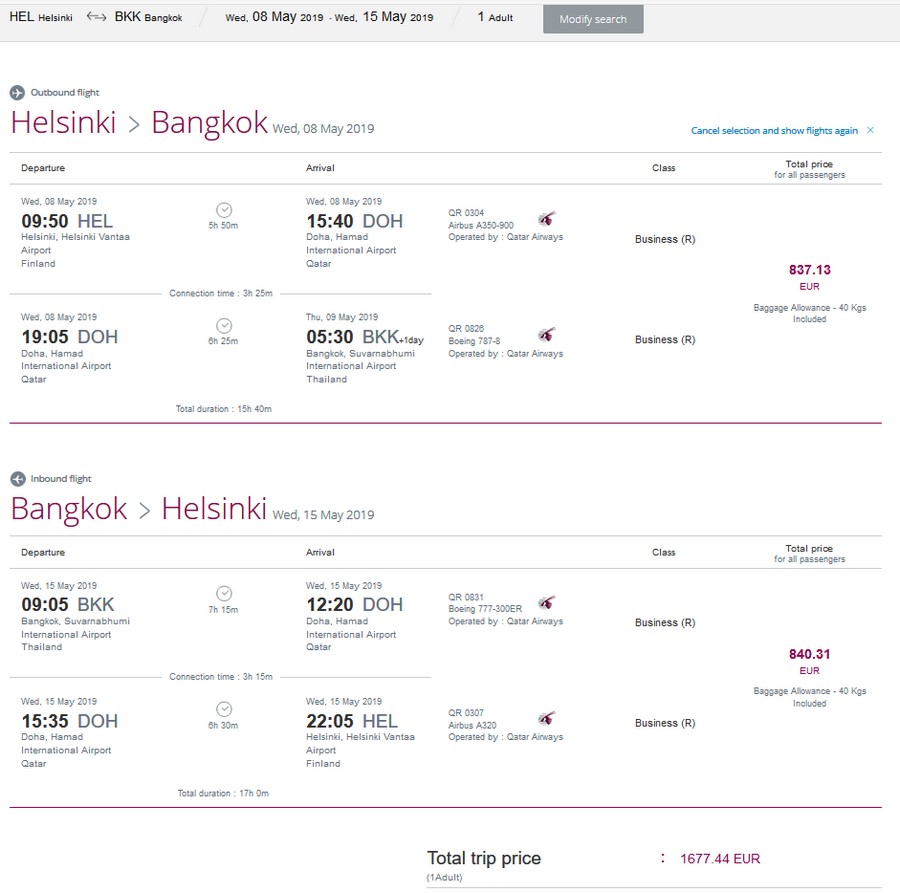 Preisbeispiel Helsinki - Bangkok mit Qatar Airways