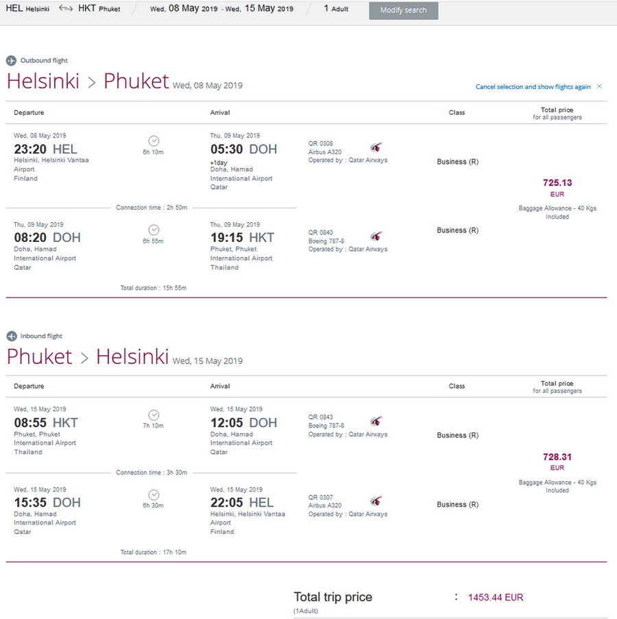 Preisbeispiel Helsinki - Phuket mit Qatar Airways