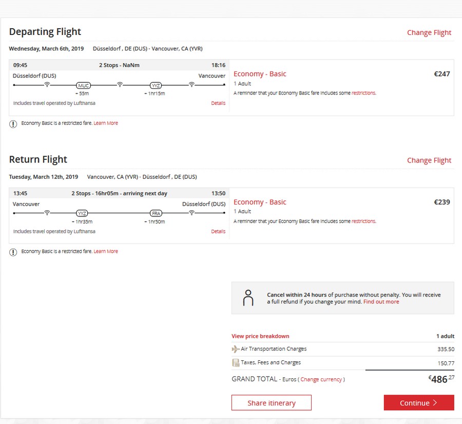 Preisbeispiel Düsseldorf - Vancouver mit Air Canada