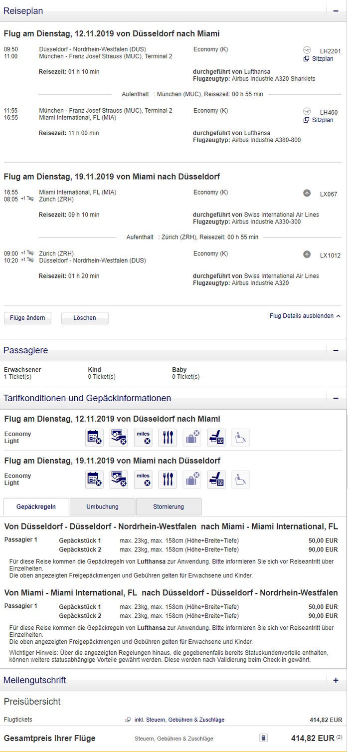 Preisbeispiel Düsseldorf - Miami mit Lufthansa