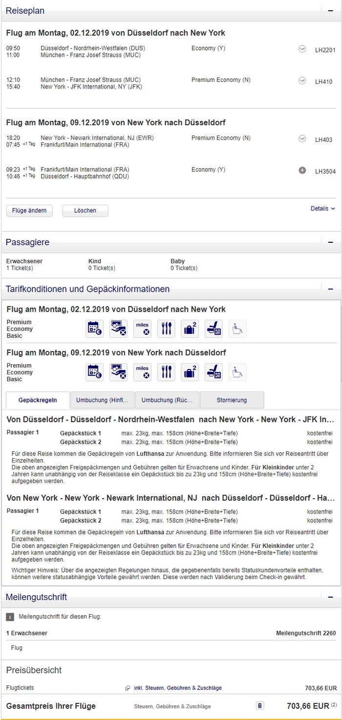 Preisbeispiel Düsseldorf - New York mit Lufthansa