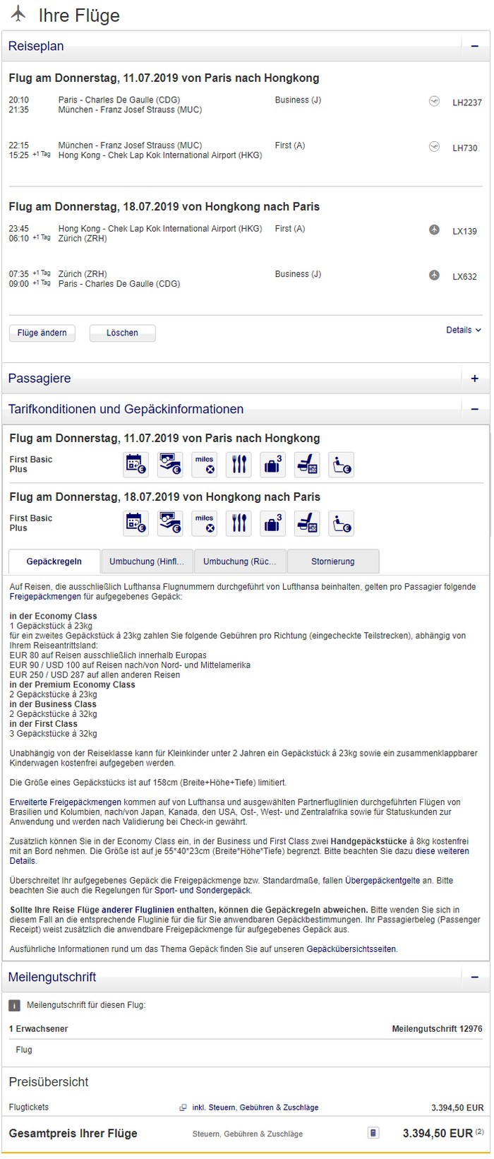 Preisbeispiel Paris - Hong Kong mit Lufthansa / Swiss