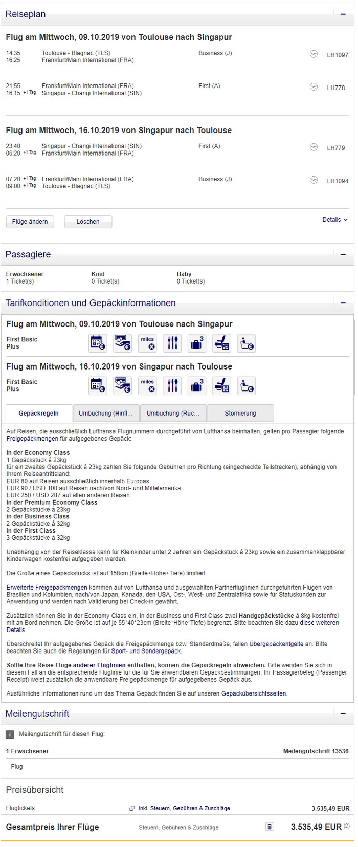 Preisbeispiel Toulouse - Singapore mit Lufthansa