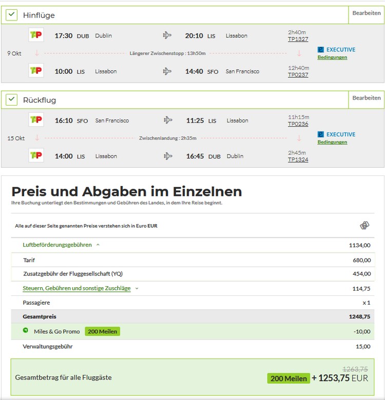 Preisbeispiel Dublin - San Francisco (RT) mit TAP Air Portugal