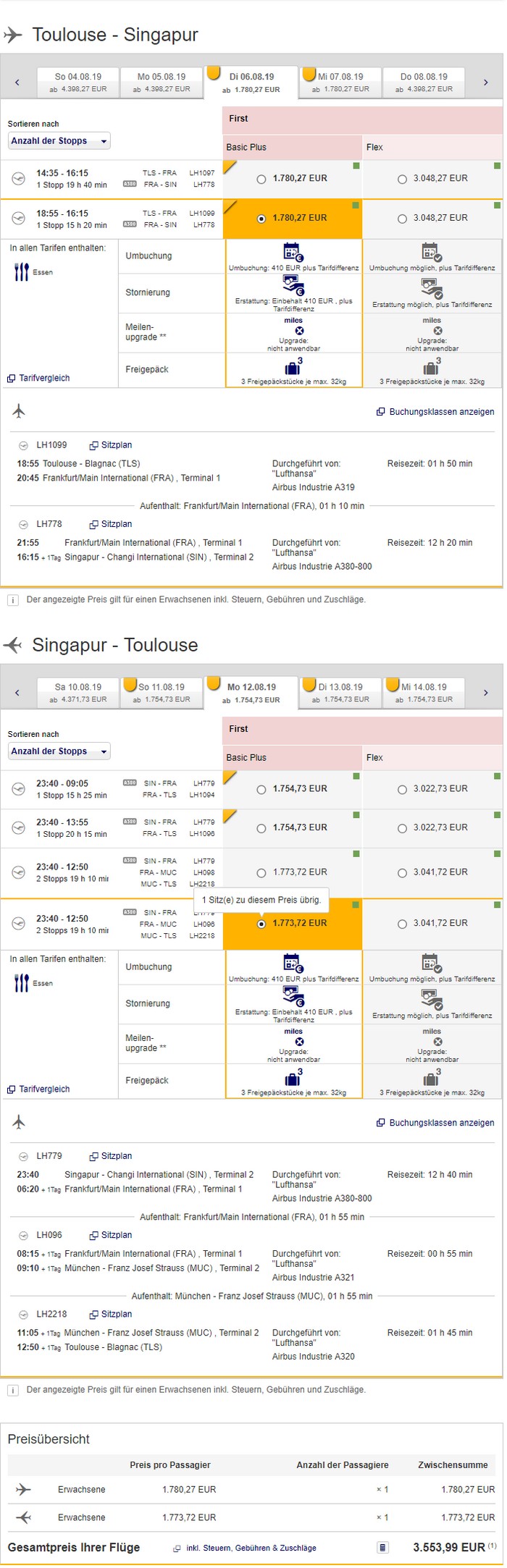 Preisbeispiel Toulouse - Singapore mit Lufthansa