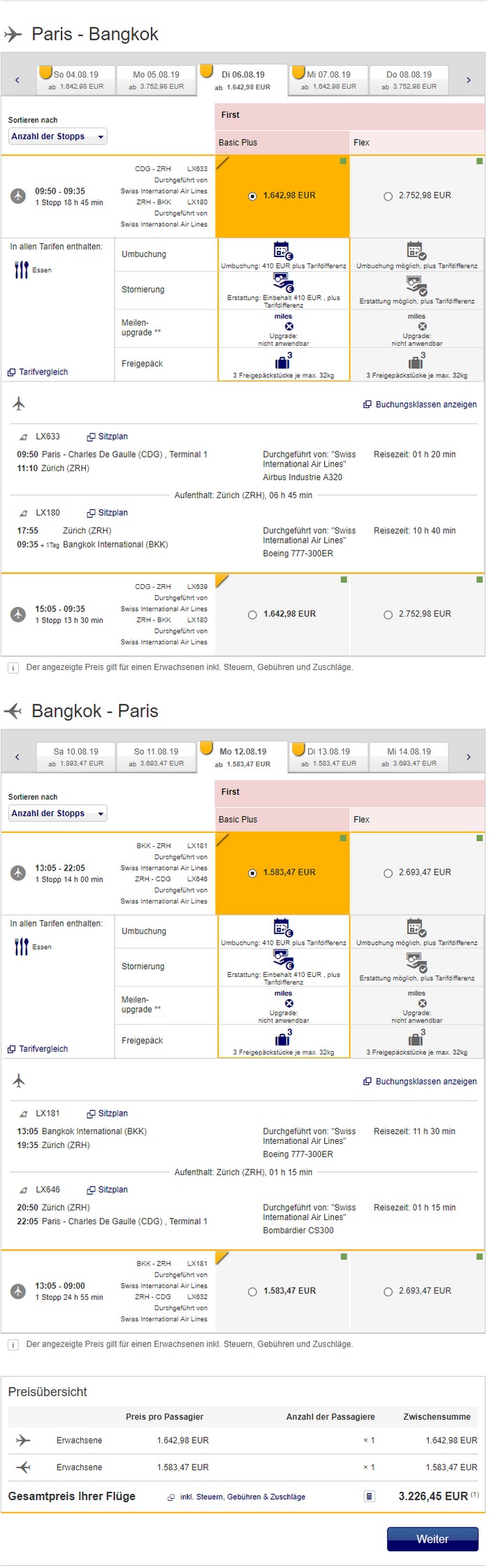 Preisbeispiel Paris - Bangkok mit Swiss