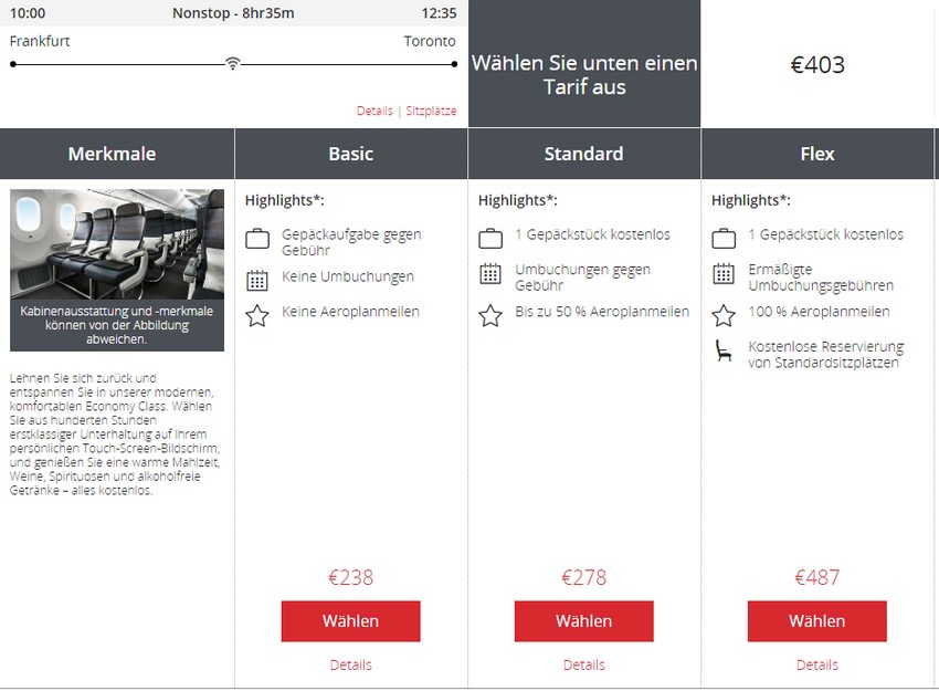 Vergleich Economy Basi mit Economy bei Air Canada