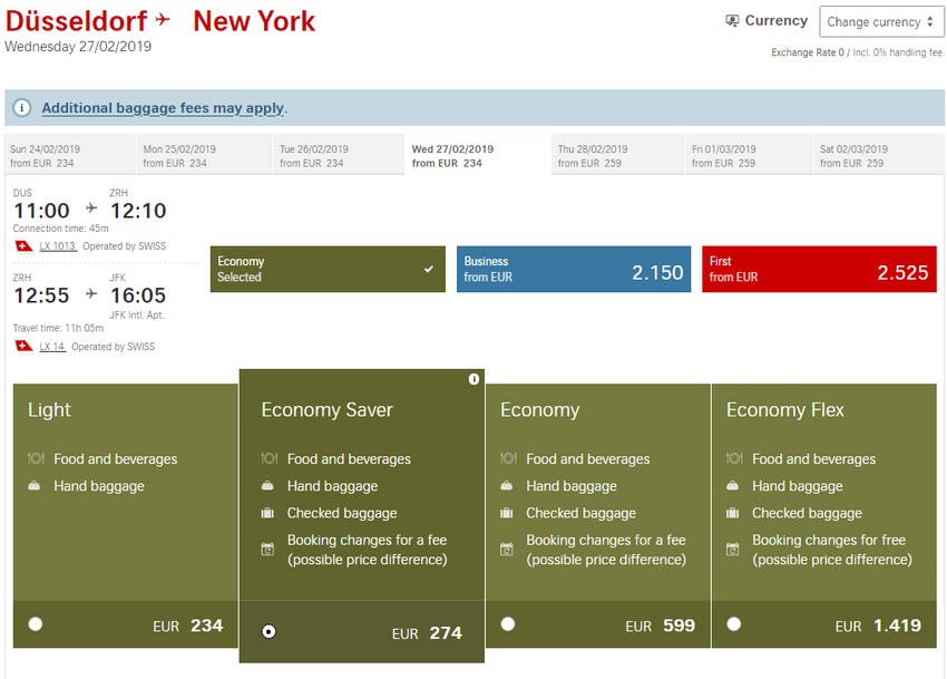 Vergleich Economy Light mit Economy bei Swiss