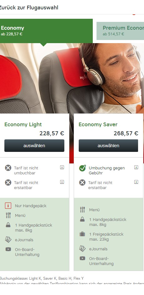 Vergleich Economy Light mit Economy bei Austrian