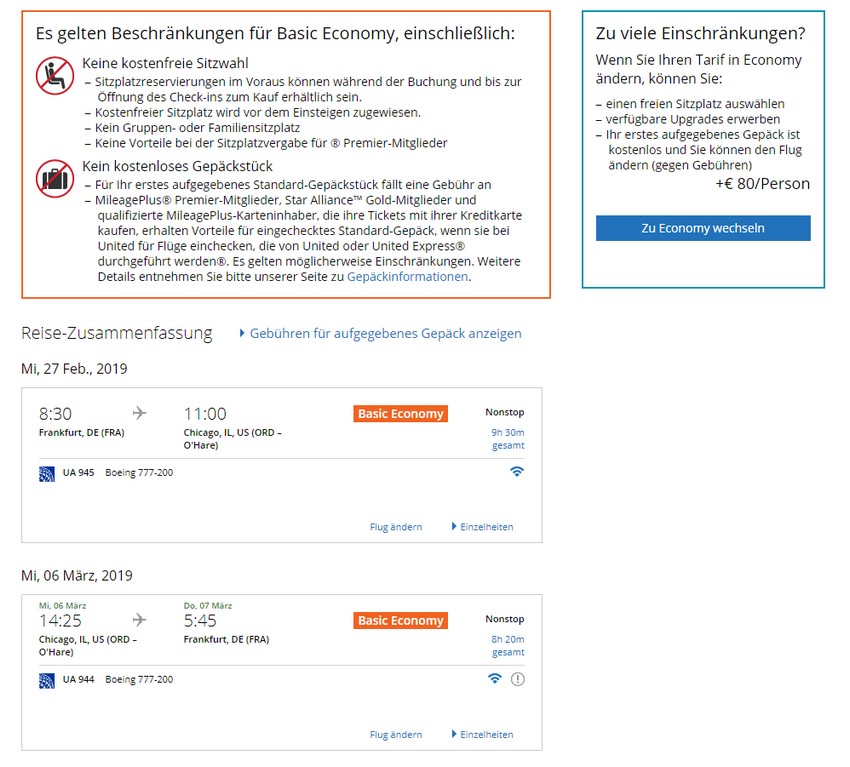 Vergleich Tarif Basic Economy mit Economy