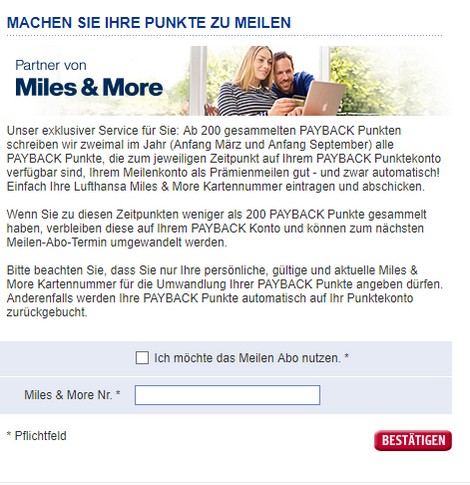 Payback Meilenabo für die Umwandlung von Payback Punkte in Miles and More Meilen