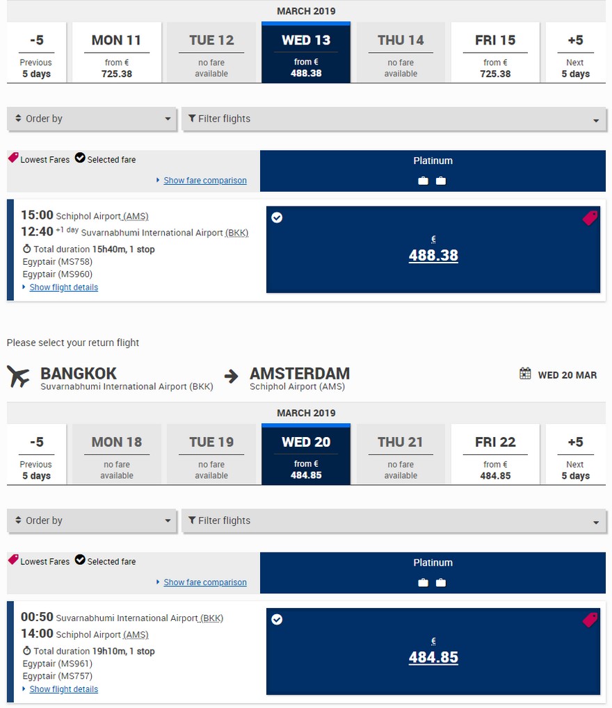 Preisbeispiel Amsterdam - Bangkok (RT) mit Egyptair