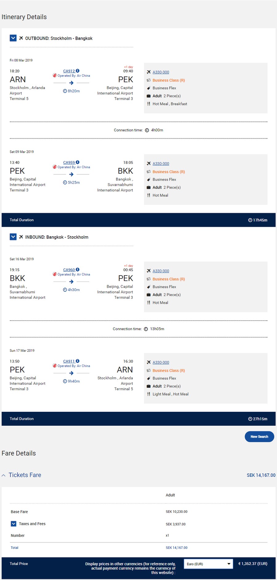 Preisbeispiel von Stockholm nach Bangkok in der Air China Business-Class