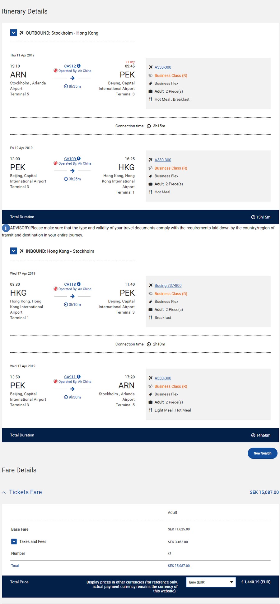 Preisbeispiel von Stockholm nach Hong Kong in der Air China Business-Class