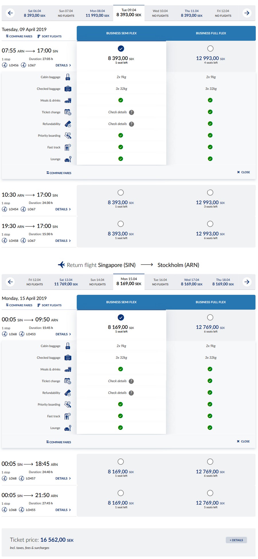 Preisbeispiel von Stockholm nach Singapore in der LOT Business-Class