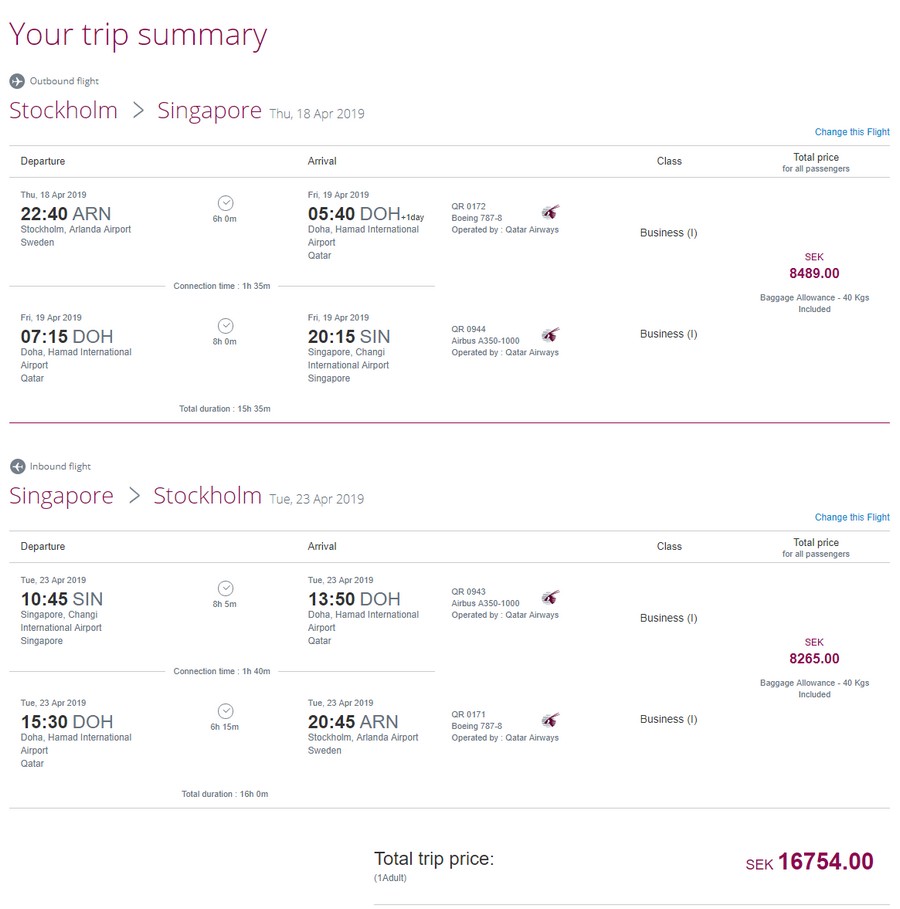 Preisbeispiel von Stockholm nach Singapore in der Qatar Airways Business-Class