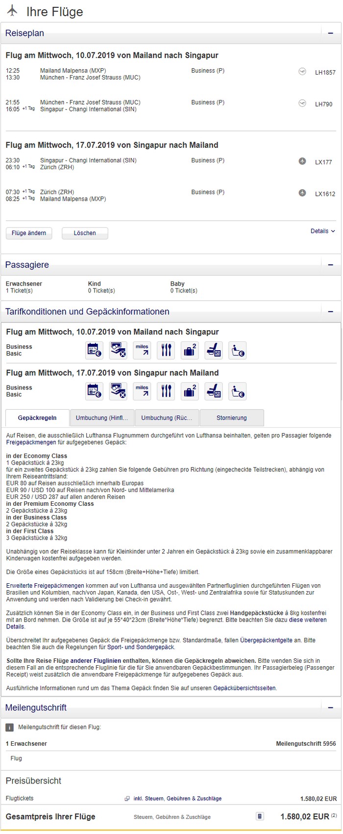 Preisbeispiel von Mailand nach Singapore in der Swiss und Lufthansa Business-Class