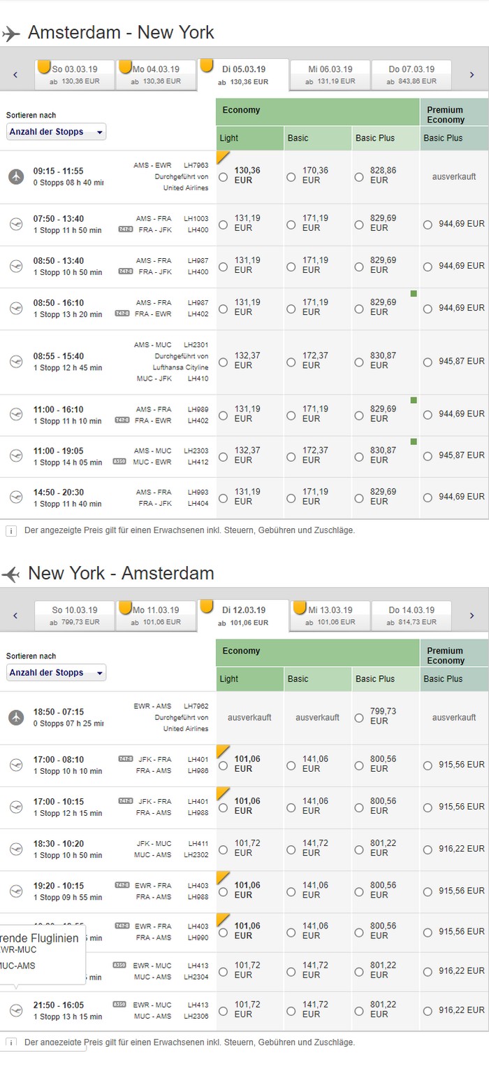 Preisbeispiel von Amsterdam nach New York in der Economy-Class