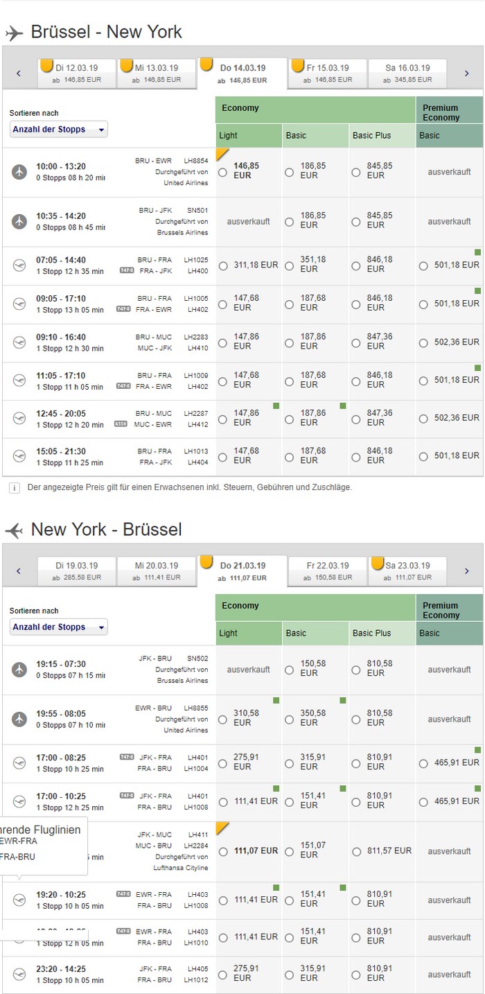 Preisbeispiel von Brüssel nach New York in der Economy-Class