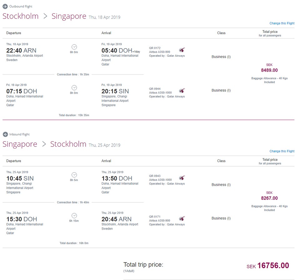 Preisbeispiel von Stockholm nach Singapore in der Qatar Airways Business-Class