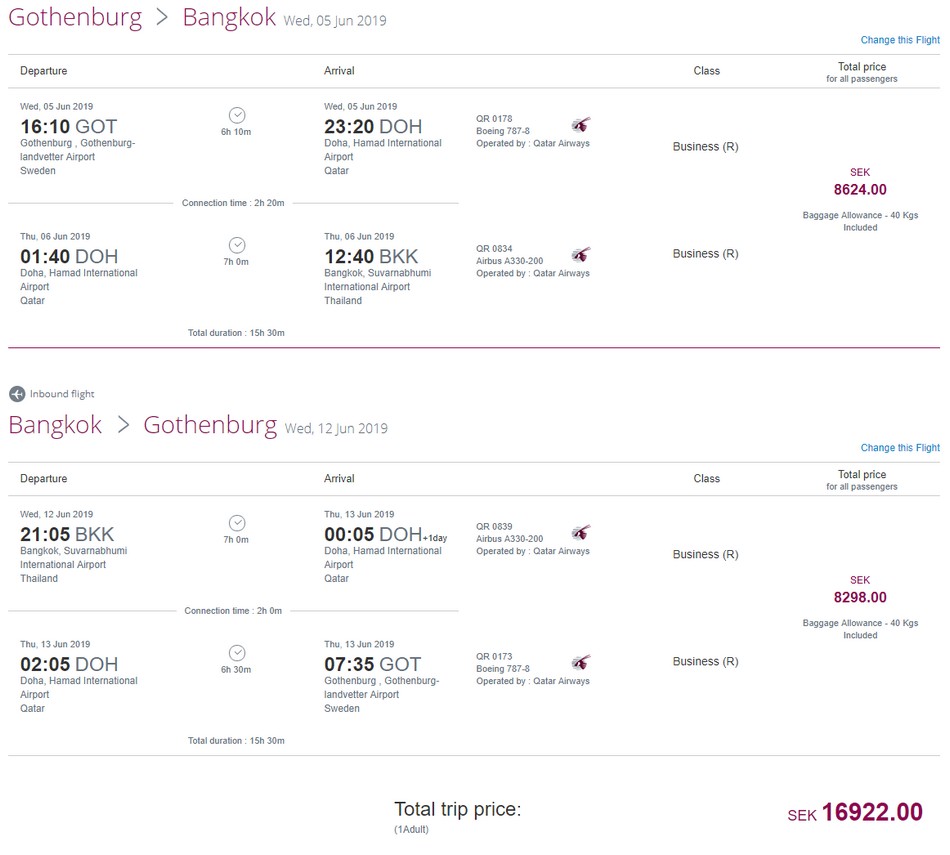 Preisbeispiel von Göteborg nach Bangkok in der Qatar Airways Business-Class
