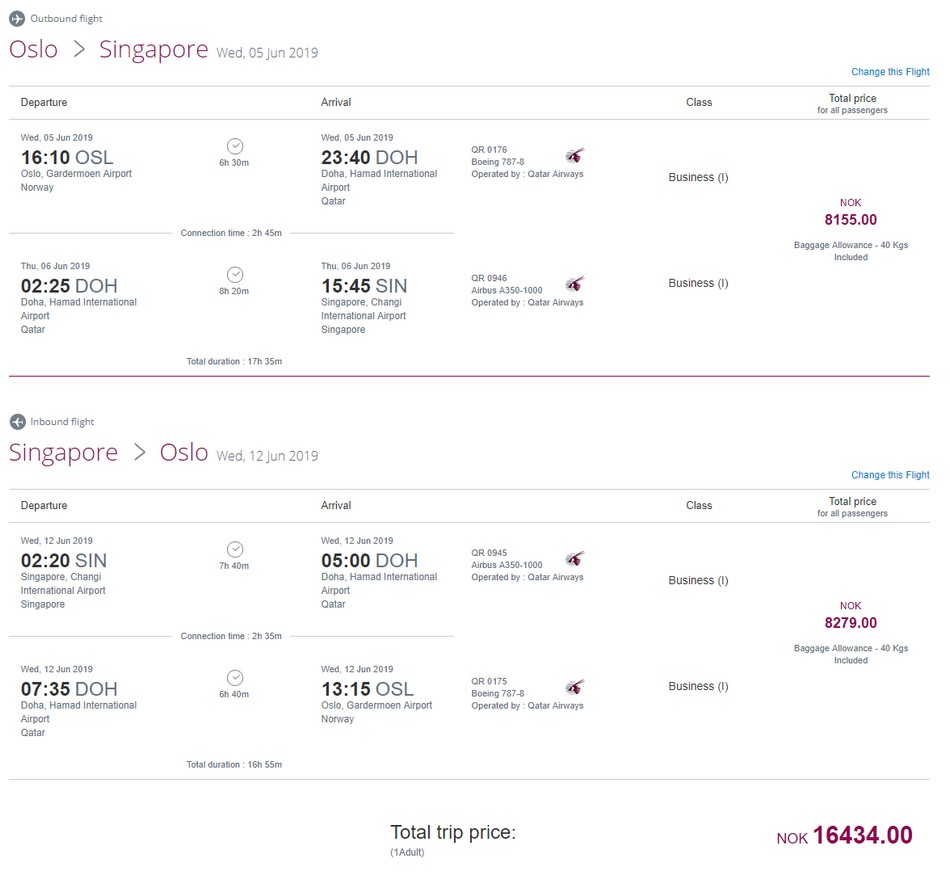 Preisbeispiel von Oslo nach Singapore in der Qatar Airways Business-Class