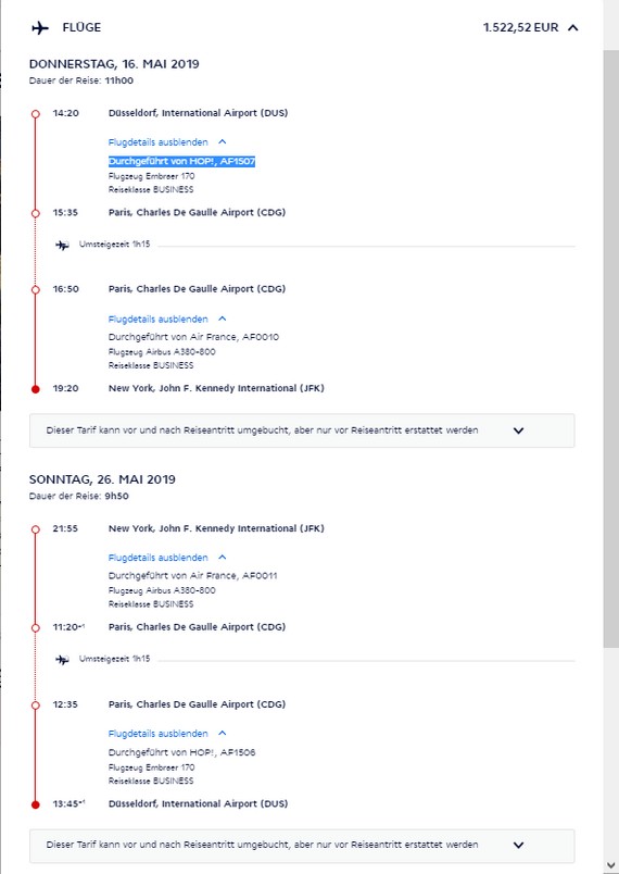 Preisbeispiel von Düsseldorf nach New York in der Business-Class; Buchung bei Air France