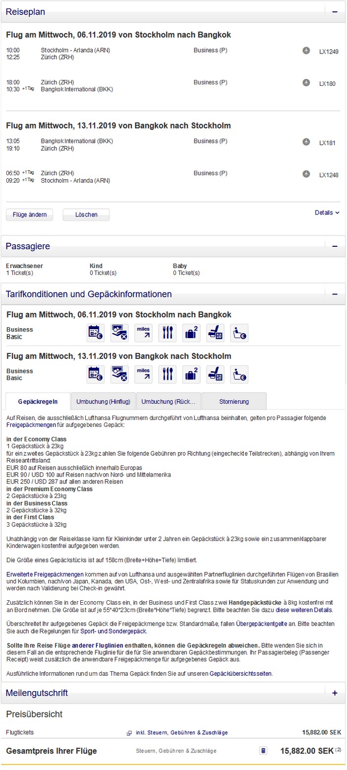 Preisbeispiel von Stockholm nach Bangkok in der Business-Class