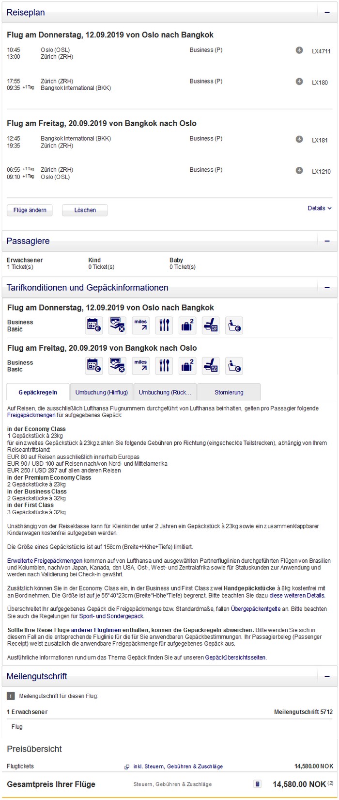 Preisbeispiel von Stockholm nach Bangkok in der Business-Class