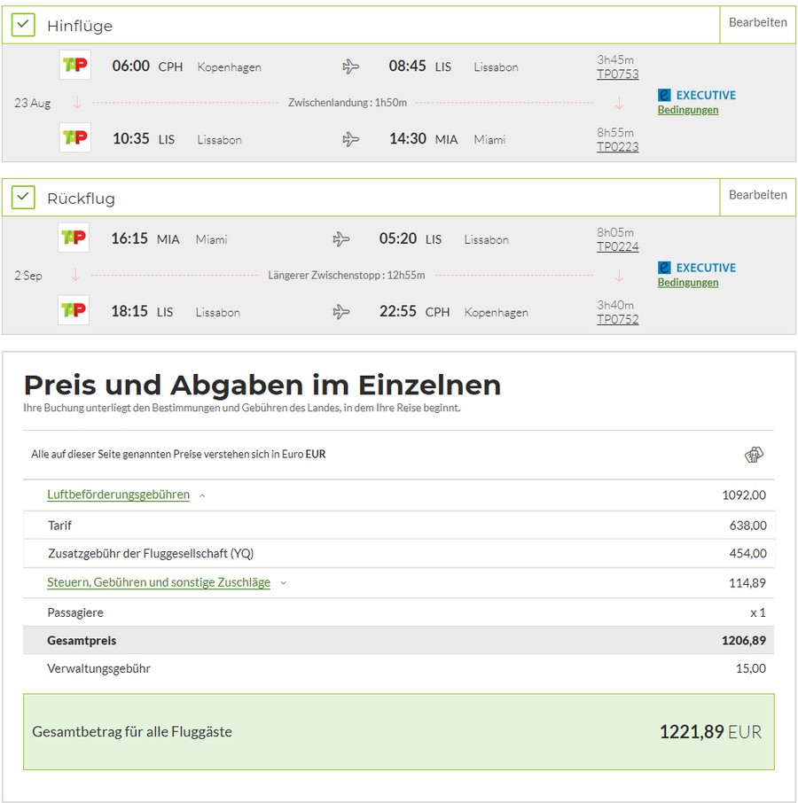 Preisbeispiel von Kopenhagen nach Miami mit TAP Air Portugal in der Business-Class