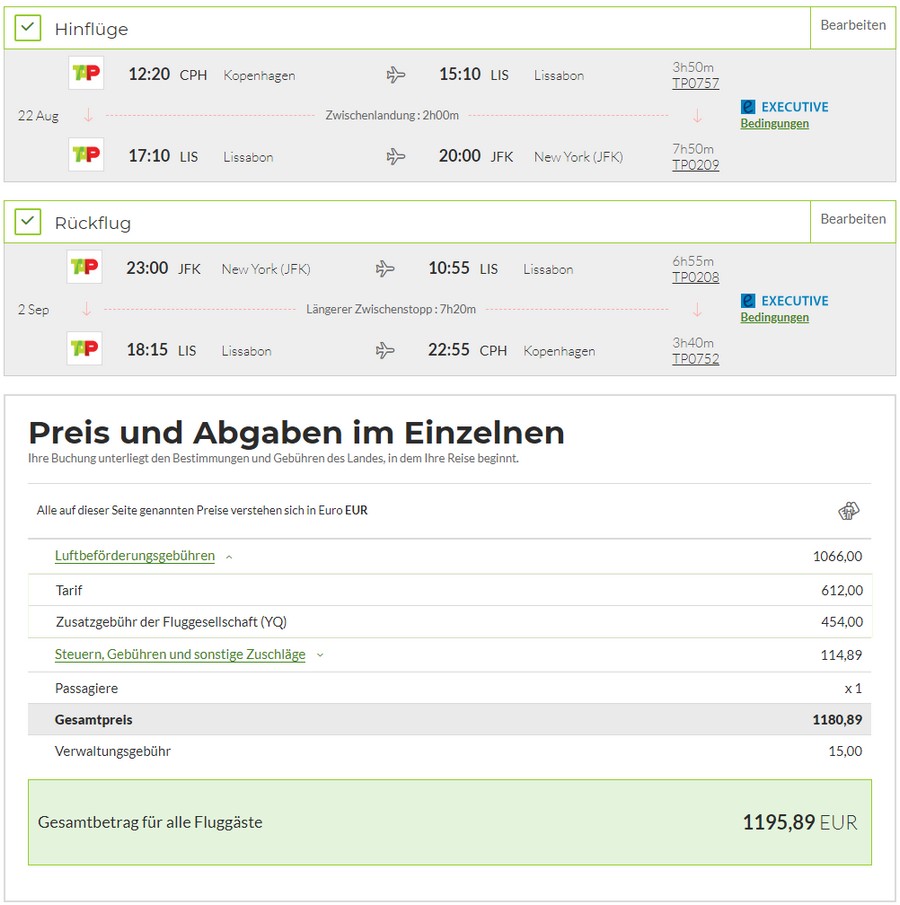 Preisbeispiel von Kopenhagen nach New York mit TAP Air Portugal in der Business-Class