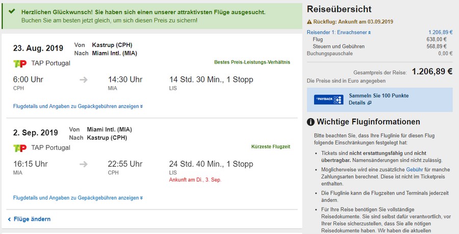 Preisbeispiel (Expedia) von Kopenhagen nach Miami mit TAP Air Portugal in der Business-Class